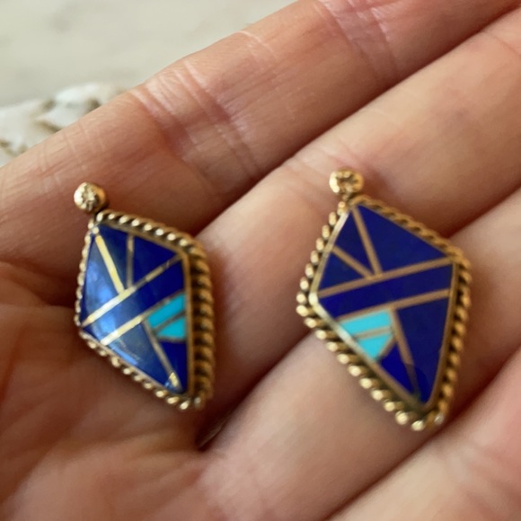 Vintage 14K Gold Lapis Turquoise Native American Earrings - Picture 14 of 16